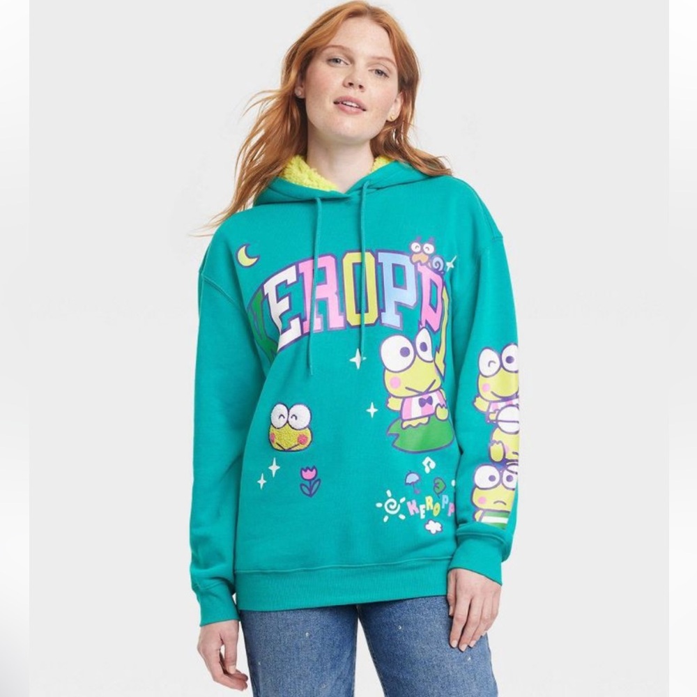 Sanrio Teal Keroppi Hoodie Fuzzy Inside Women’s Size Small EUC